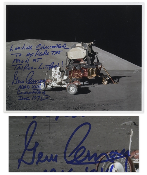 Gene Cernan Signed 10 x 8 Photo Exploring the Lunar Surface During Apollo 17 -- ...Leaving Challenger to Explore the Moon...